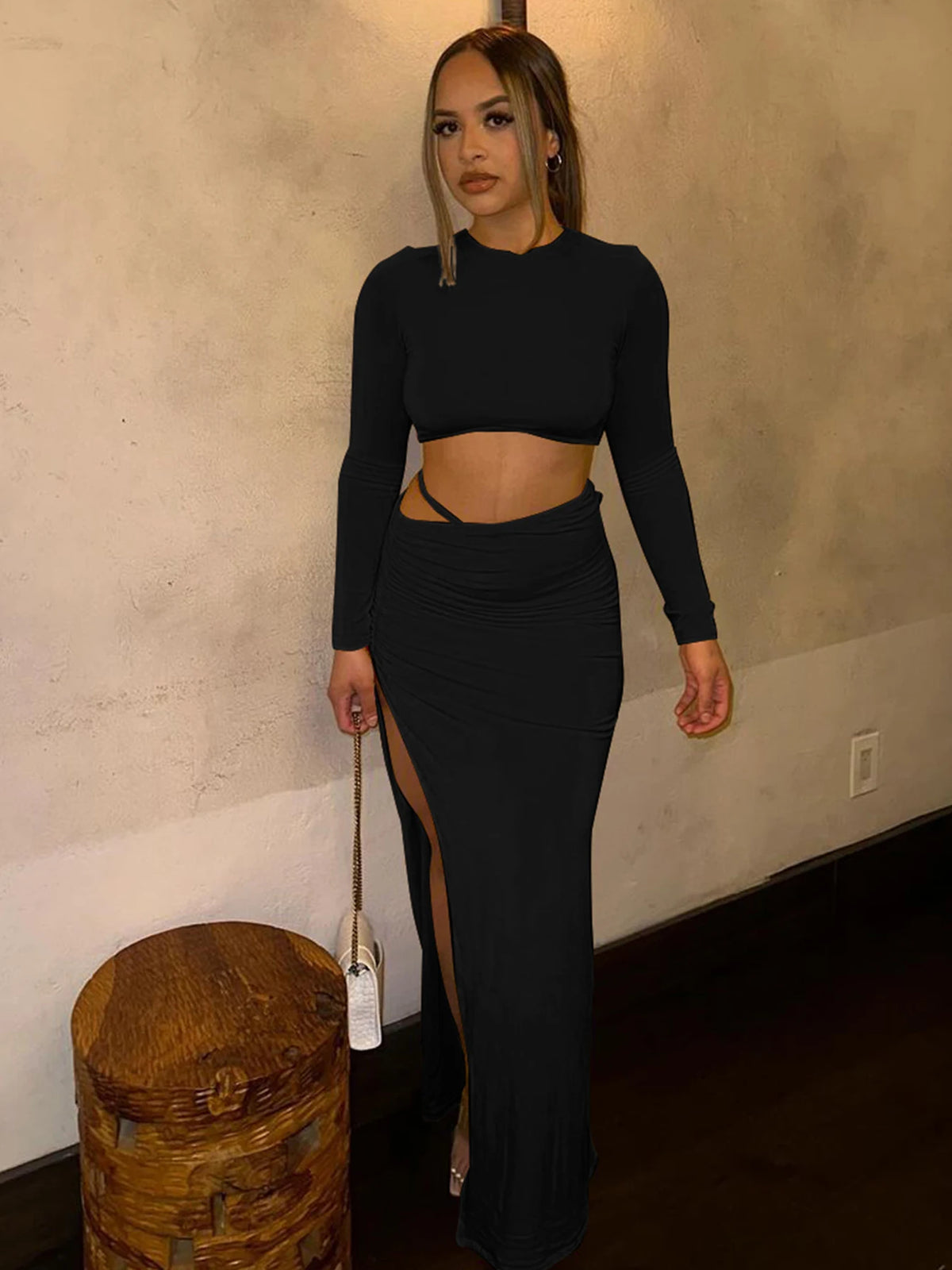 Women Fashion 2 Pcs Sets Long Sleeve Sexy Slim Crop T-Shirt Slit Ruched Maxi Skirt Fall Outfits Birthday Party Festival