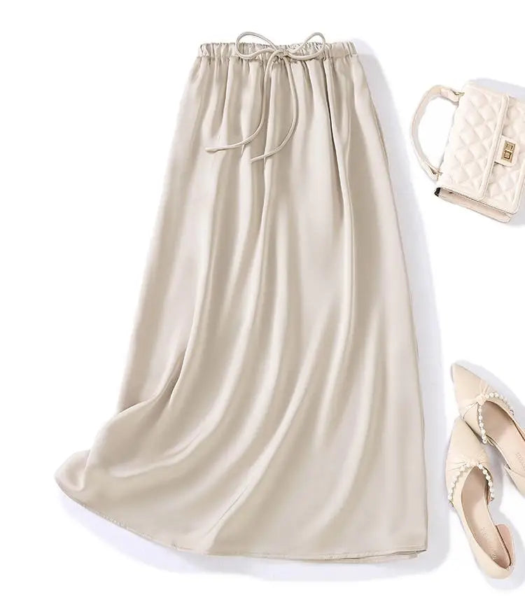 Summer Solid Casual High Waist Long Skirt Women's Korean Fashion Drawstring Lace-up Holiday Skirts 2024 Simplicity Popular Trend
