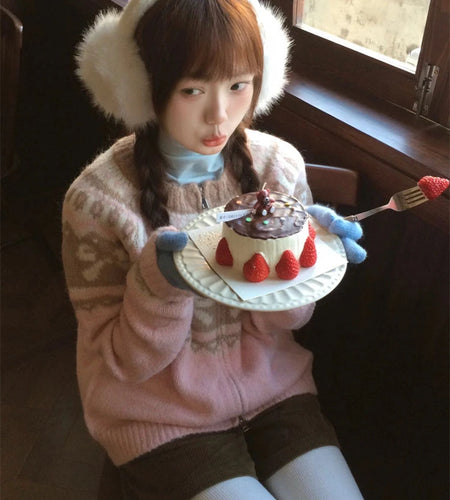 Knitwear Bow Jacquard Cardigan Women Clothing 2025 Grunge Contrast Color Casual Vintage Sweater Y2k Aesthetic Zipper Jackets