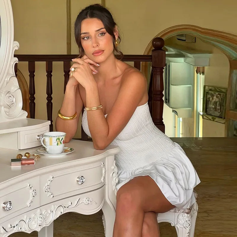 Off-shoulder Strapless Sexy Mini Dress For Women White Spaghetti Strap Sleeveless High Waist A-line Cake Dress Vestido
