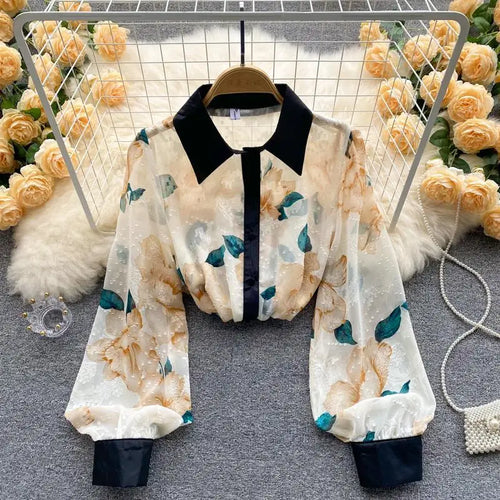 Load image into Gallery viewer, Fashion Print Shirt or Women Long Sleeve Turn Down Collar Korean Fashion Blouse Laides Vintage Button Up Casual Top
