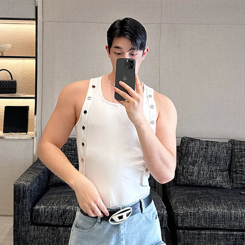 Load image into Gallery viewer, Men&#39;s Tank Top Summer Niche Design Silver Buckle Strap Round Neck Pullover Vest Solid Color Male Personality Top 9C5991
