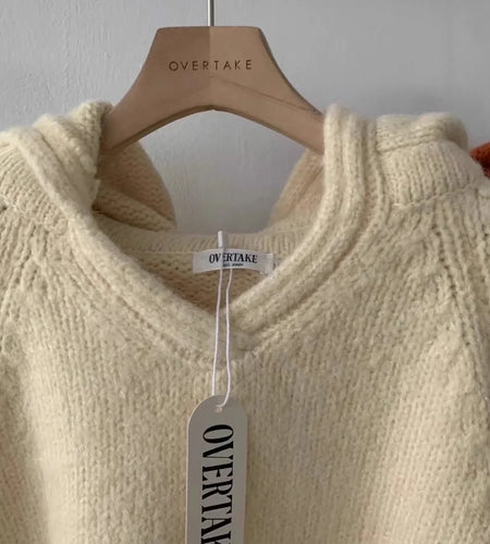 Korean Fashion Women Beige Blue Elegant Loose Knitted Short Sweater Autumn Winter Orange Long Sleeve Hooded Pullover Tops Casual