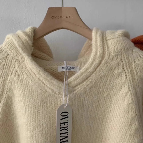 Load image into Gallery viewer, Korean Fashion Women Beige Blue Elegant Loose Knitted Short Sweater Autumn Winter Orange Long Sleeve Hooded Pullover Tops Casual
