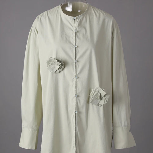 Load image into Gallery viewer, Women Light Green 3d Flower Big Size Blouse New Round Neck Long Sleeve Shirt Fashion Tide Spring Autumn 2025 CPG3308
