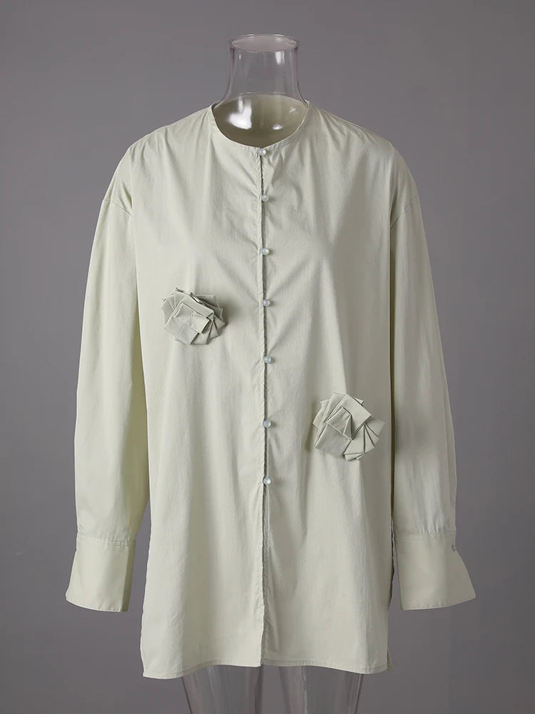 Women Light Green 3d Flower Big Size Blouse New Round Neck Long Sleeve Shirt Fashion Tide Spring Autumn 2025 CPG3308