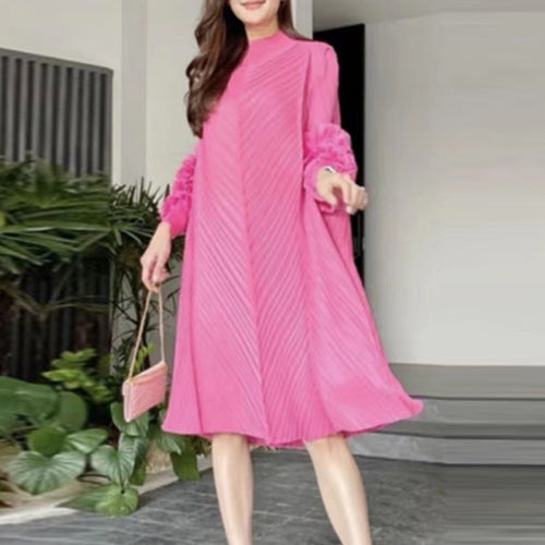 Load image into Gallery viewer, Spring Folds Dresses For Women Half High Collar Puff Sleeve High Waist Oversize Midi Dress Female Fashion Clothes
