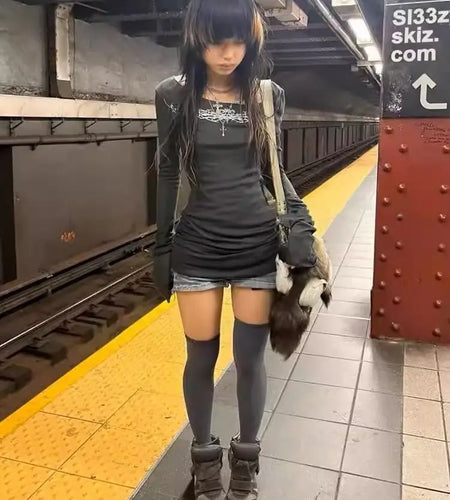 2025 Y2k Aesthetic Creamy-white Women Sexy T-shirt Vintage Printing Streetwear Grunge Tshirts Harajuku Bodycon Gothic Tees Femme