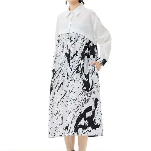Load image into Gallery viewer, Women White Pattern Printed Big Size Casual Shirt Dress New Lapel Long Sleeve Fashion Tide Spring Autumn 2025 1DH4823
