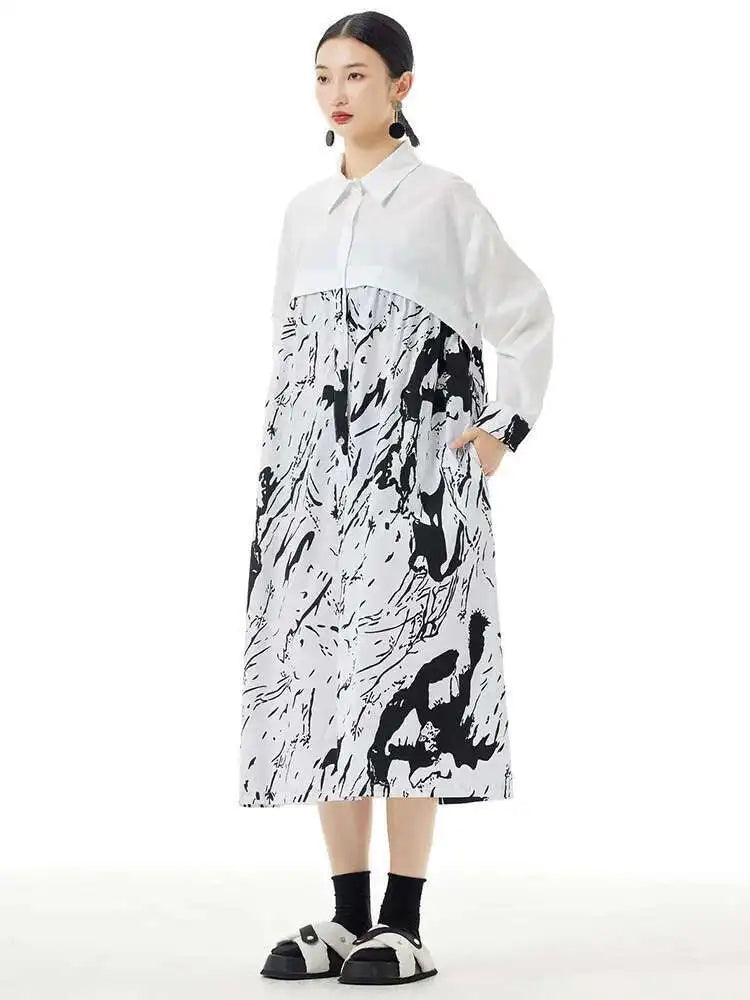 Women White Pattern Printed Big Size Casual Shirt Dress New Lapel Long Sleeve Fashion Tide Spring Autumn 2025 1DH4823