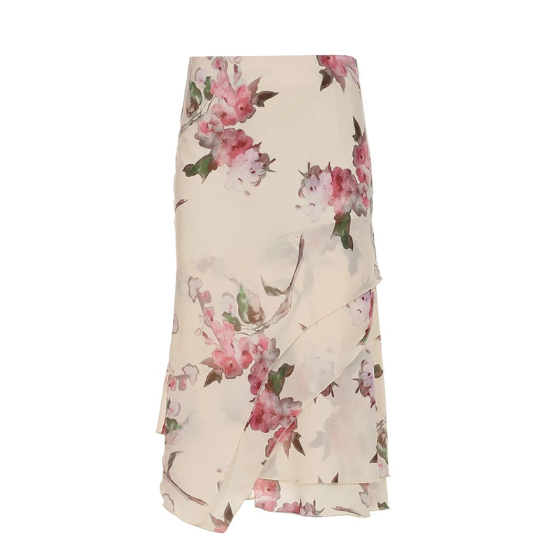 Vintage Floral Printed Asymmetric Hem Skirts Low Waist Slimming Holiday Mesh Summer Skirt Women Fashion Bottoms 2025