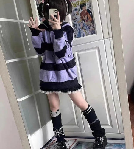 Streetwear Contrast Color Stripe Grunge Sweaters Y2k Aesthetic Loose Casual Pullovers Women Drawstring Hooded Harajuku Jumpers