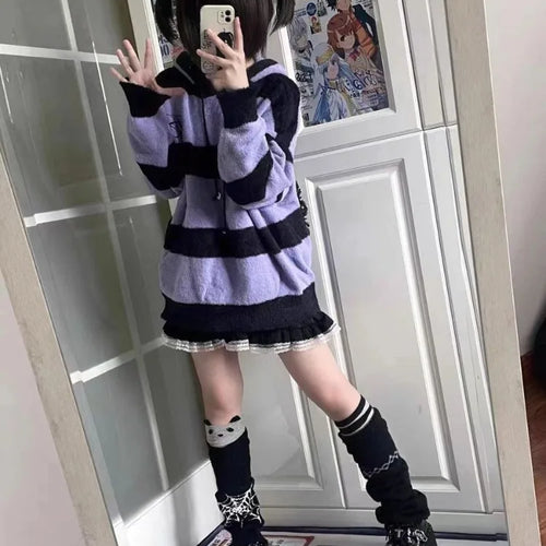 Load image into Gallery viewer, Streetwear Contrast Color Stripe Grunge Sweaters Y2k Aesthetic Loose Casual Pullovers Women Drawstring Hooded Harajuku Jumpers
