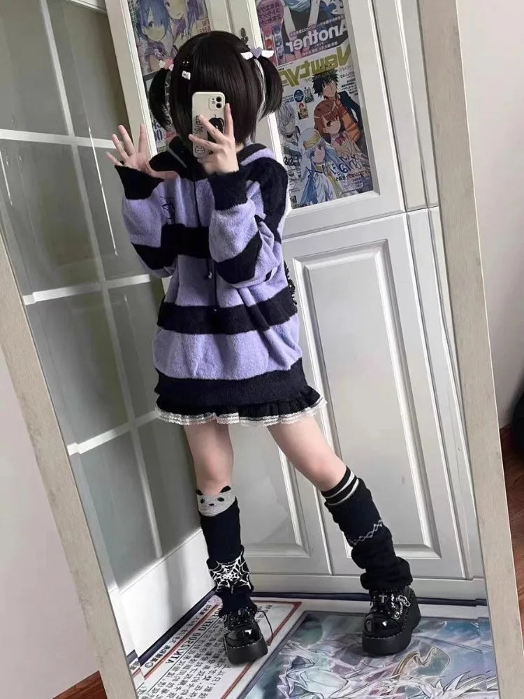 Streetwear Contrast Color Stripe Grunge Sweaters Y2k Aesthetic Loose Casual Pullovers Women Drawstring Hooded Harajuku Jumpers