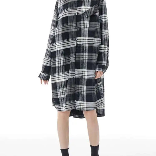 Load image into Gallery viewer, Women Plaid Big Size Knee-Length Shirt Dress New Lapel Long Sleeve A-line Loose Fit Fashion Spring Autumn 2025 1DH2091
