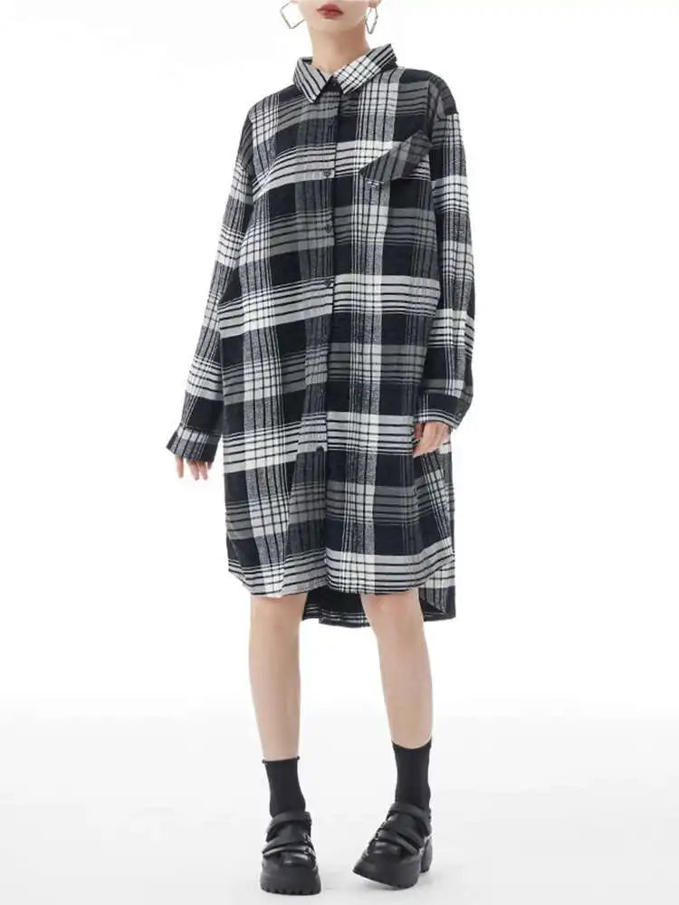 Women Plaid Big Size Knee-Length Shirt Dress New Lapel Long Sleeve A-line Loose Fit Fashion Spring Autumn 2025 1DH2091
