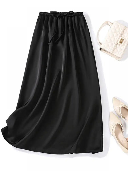 Summer Solid Casual High Waist Long Skirt Women's Korean Fashion Drawstring Lace-up Holiday Skirts 2024 Simplicity Popular Trend