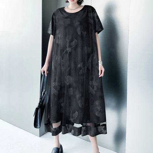 Load image into Gallery viewer, Women Black Printed Mesh Spliced Big Size Midi Dress New Round Neck Short Sleeve Fashion Tide Spring Summer 2025 1DJ0850
