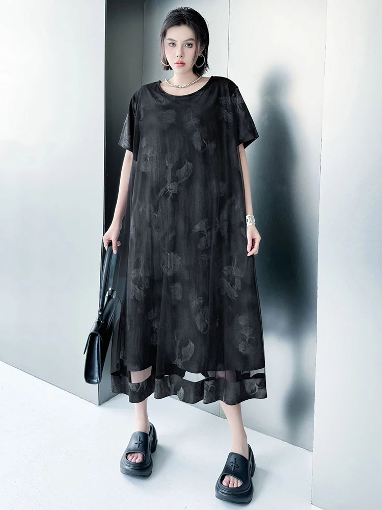 Women Black Printed Mesh Spliced Big Size Midi Dress New Round Neck Short Sleeve Fashion Tide Spring Summer 2025 1DJ0850