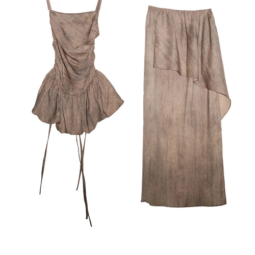 Load image into Gallery viewer, Khaki Ruffles Tank Top Skirt Two Pieces Suit New Square Collar Sleeveless Women Fashion Tide Spring Summer 2025 1DJ1459
