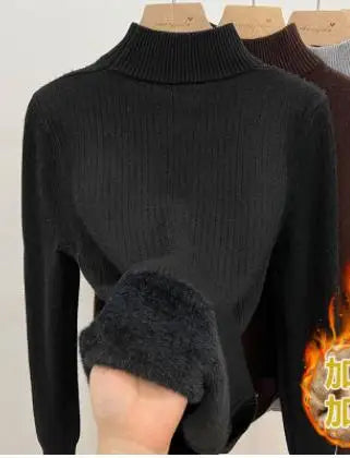 New Solid Basic Half High Collar Long Sleeve Women Velvet Sweater Autumn Winter Slim Thick Pullover Tops Knitwear Versatile Chic