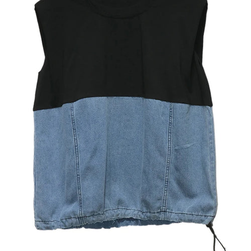 Load image into Gallery viewer, Women Black Denim Color-block Drawstring Big Size T-shirt New Round Neck Sleeveless Fashion Spring Summer 2025 1DJ1061

