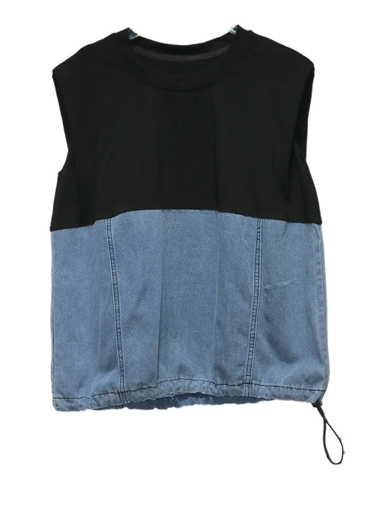 Women Black Denim Color-block Drawstring Big Size T-shirt New Round Neck Sleeveless Fashion Spring Summer 2025 1DJ1061