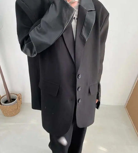 Women Black Pu Leather Shaped Big Size Blazer New Lapel Long Sleeve Loose Jacket Fashion Tide Spring Autumn 2025 1DF0389