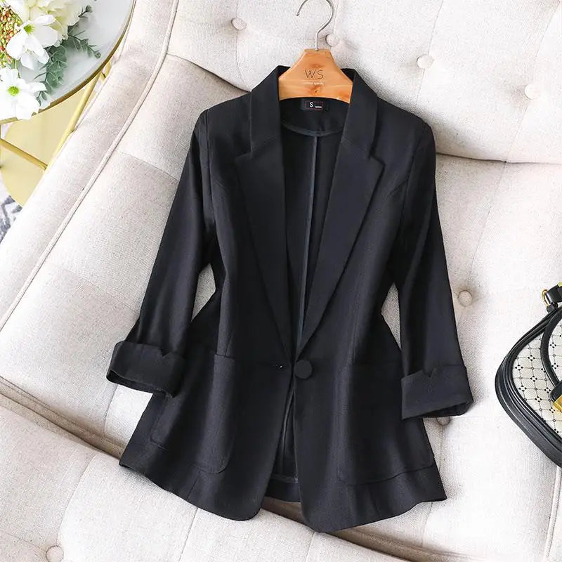 Black White Blazer Tops For Women Chic Elegant Ladies Green Seven-point Sleeve Jacket Spring Summer New 2024 Suit  Fashion Trend
