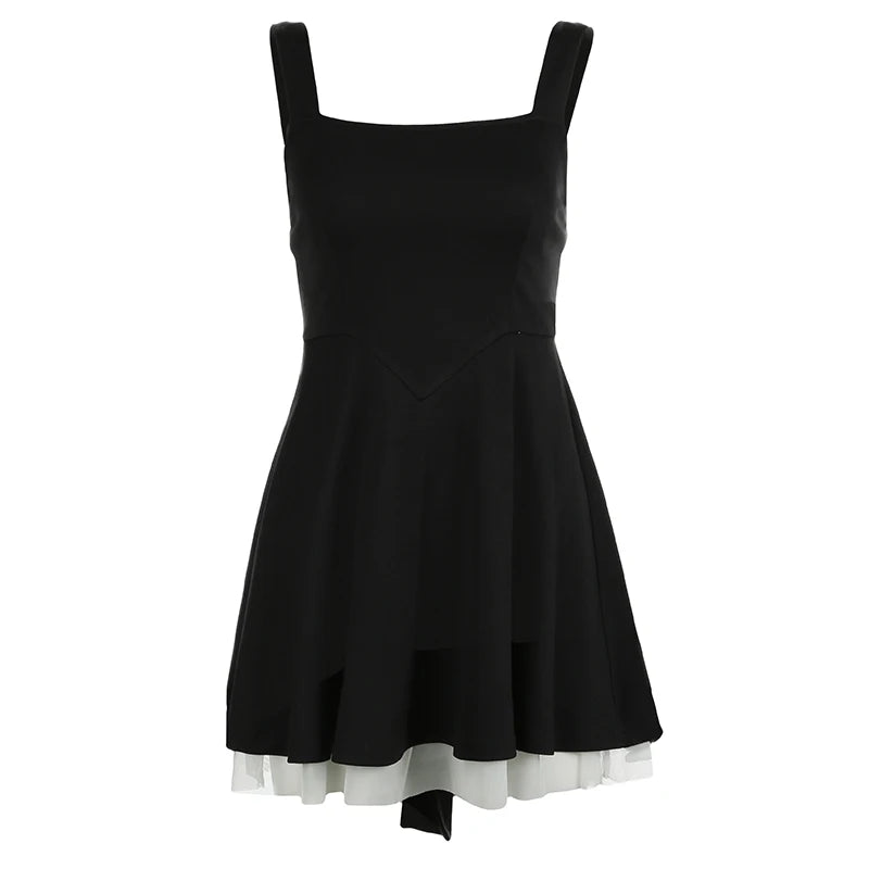 Korean Fashion Backless Black Tie-Up Bow Summer Dress Women Mesh Spliced Sweet A-Line Sleeveless Sundress Chic French