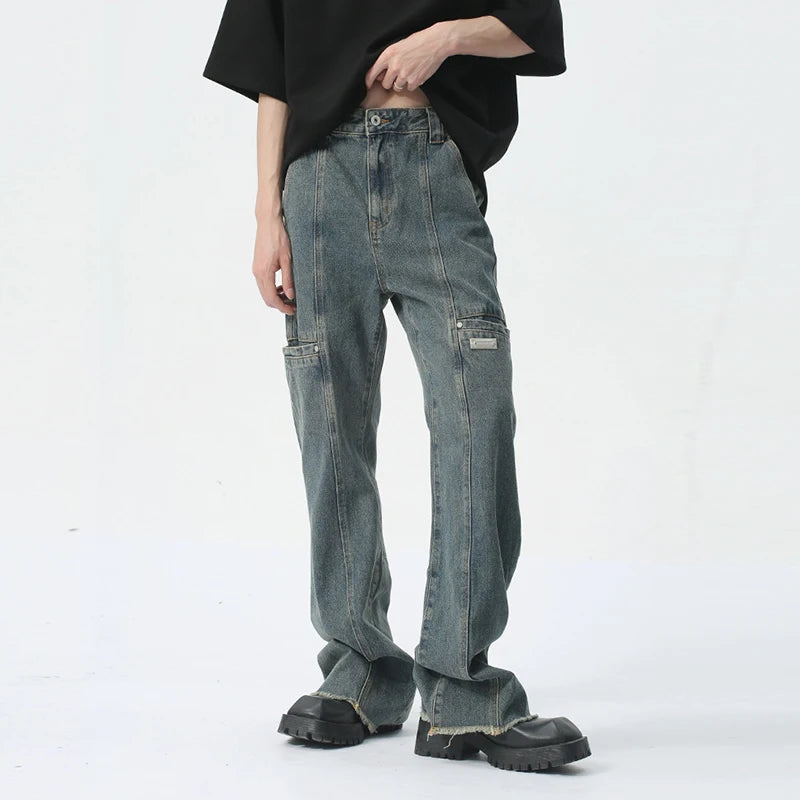 Male Jeans Trend American Style Patchwork Wide Leg Trousers Summer Pocket Zipper Casual Men's Denim Pants 9C5407