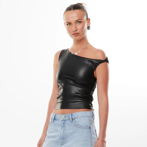 Load image into Gallery viewer, Ruched PU Leather Sexy Tank Tops For Women Fashion Oblique Shoulder Sleeveless Backless Skinny Crop Tops Elegant
