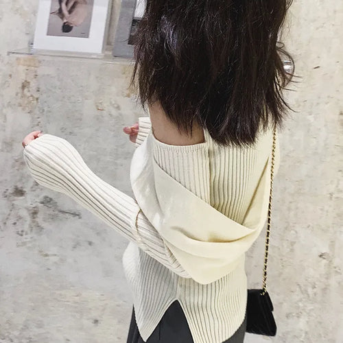 Load image into Gallery viewer, Cut Out Patchwork Irregular Sweater For Women Round Neck Long Sleeve Knitting Minimalist Sweaters Female Clothing
