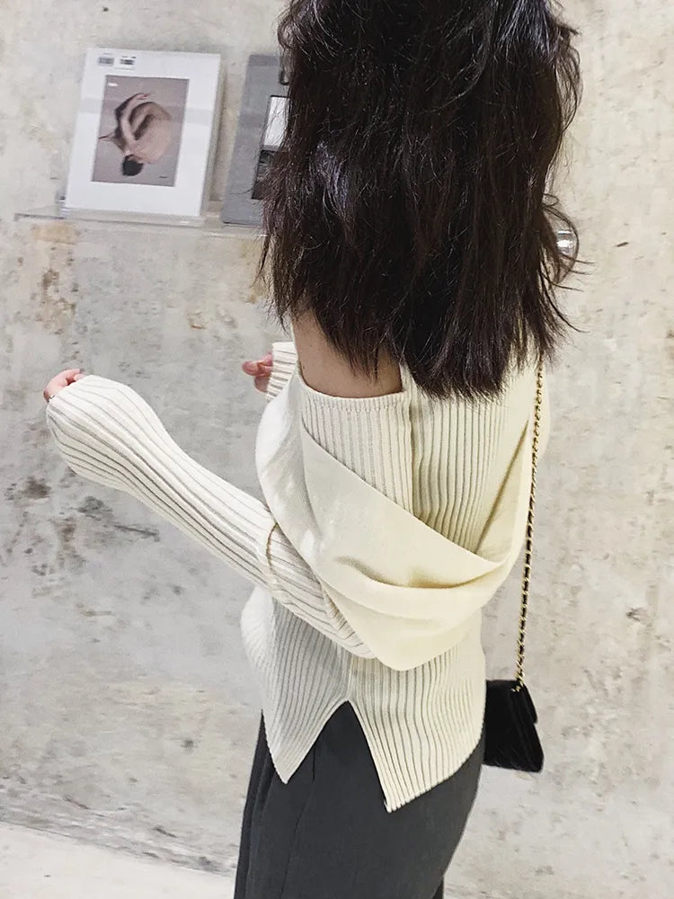 Cut Out Patchwork Irregular Sweater For Women Round Neck Long Sleeve Knitting Minimalist Sweaters Female Clothing