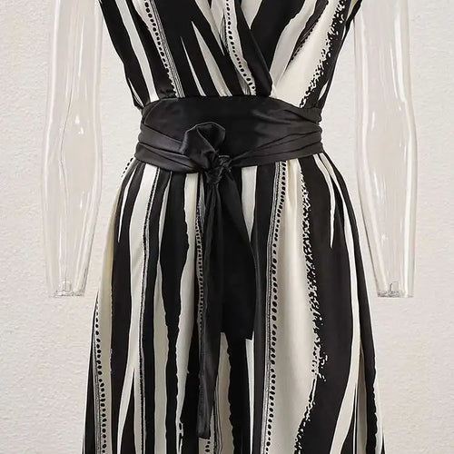 Load image into Gallery viewer, Women Beige Striped Printed Belted Elegant Midi Dress New V-Neck Sleeveless Fashion Tide Spring Summer 2025 CPG1504
