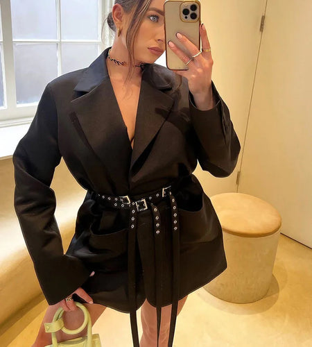 Double Layer Bandage Slim Blazer Women Long Sleeve Pocket Long Jacket Female Suit Outwear Tops Street Party 2023 Autumn