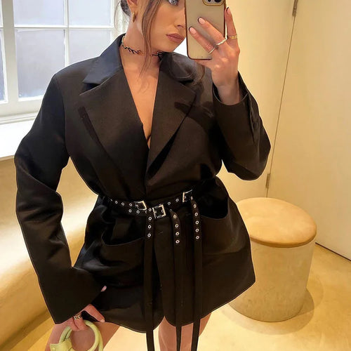 Load image into Gallery viewer, Double Layer Bandage Slim Blazer Women Long Sleeve Pocket Long Jacket Female Suit Outwear Tops Street Party 2023 Autumn
