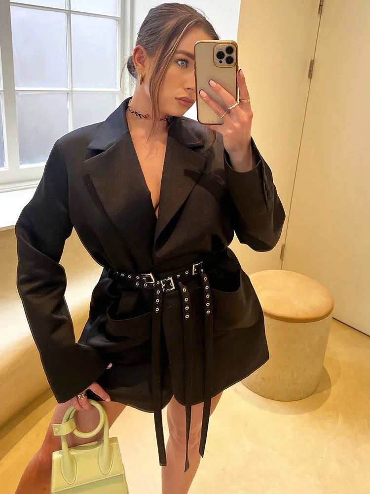 Double Layer Bandage Slim Blazer Women Long Sleeve Pocket Long Jacket Female Suit Outwear Tops Street Party 2023 Autumn