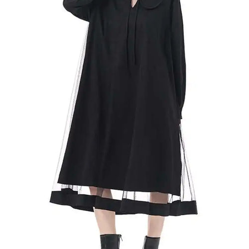 Load image into Gallery viewer, Women Black Hollow Out Mesh Spliced Big Size Dress New Stand Collar Long Sleeve Fashion Tide Spring Autumn 2025 1DJ0051
