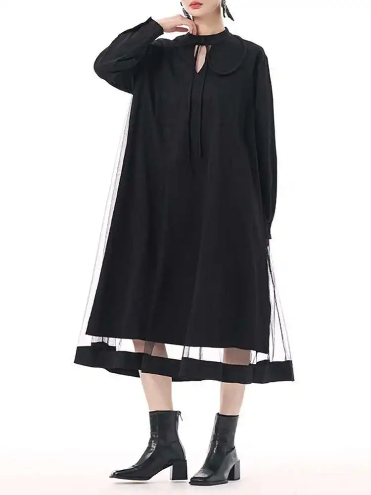 Women Black Hollow Out Mesh Spliced Big Size Dress New Stand Collar Long Sleeve Fashion Tide Spring Autumn 2025 1DJ0051