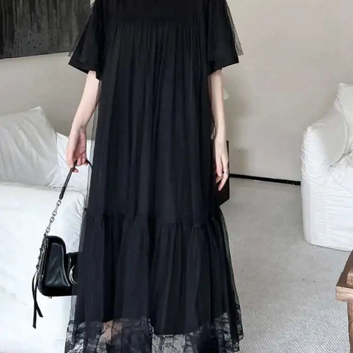 Load image into Gallery viewer, Women Black Mesh Spliced  Elegant Big Size Midi Dress New Round Neck Short Sleeve Fashion Tide Spring Summer 2025 1DH5056
