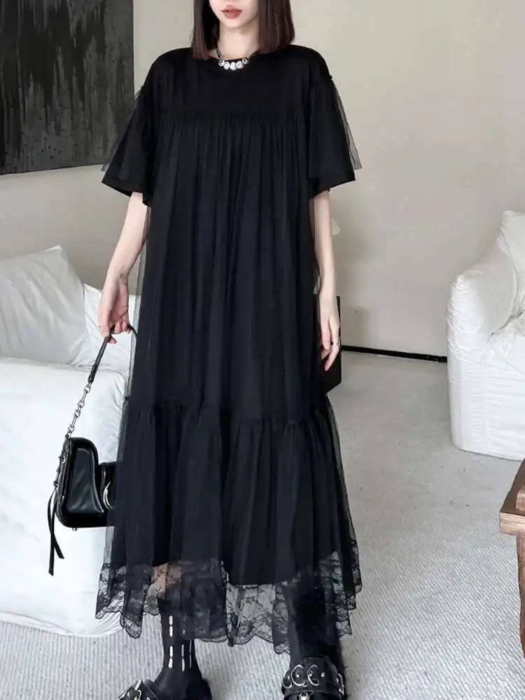 Women Black Mesh Spliced  Elegant Big Size Midi Dress New Round Neck Short Sleeve Fashion Tide Spring Summer 2025 1DH5056