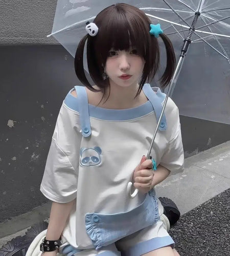 Japanese Cute T Shirt for Women Chic Embroidery Short Sleeve Summer Tees Y2k Tops 2024 Ropa Mujer Off Shoulder Casual Tshirts