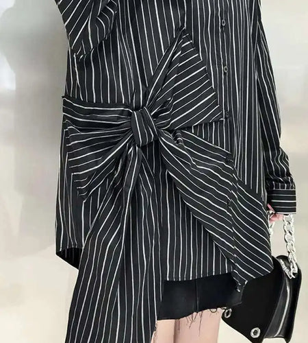 Women Black Striped Bow Irregular Big Size Blouse New Lapel Long Sleeve Shirt Fashion Tide Spring Autumn 2025 1DH5046