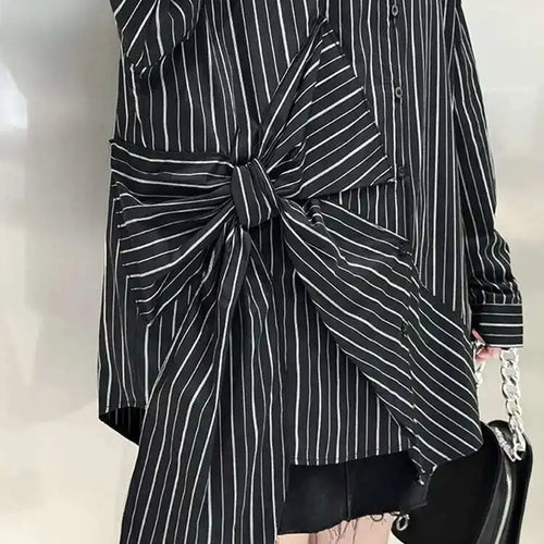 Load image into Gallery viewer, Women Black Striped Bow Irregular Big Size Blouse New Lapel Long Sleeve Shirt Fashion Tide Spring Autumn 2025 1DH5046
