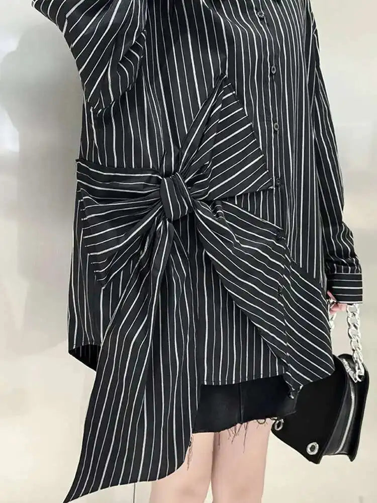 Women Black Striped Bow Irregular Big Size Blouse New Lapel Long Sleeve Shirt Fashion Tide Spring Autumn 2025 1DH5046