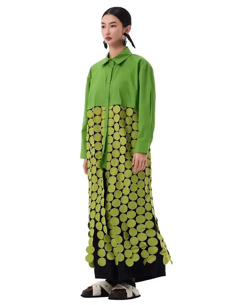 Women White Dot Tassels Hollow Out Midi Big Size Shirt Dress New Lapel Long Sleeve Fashion Tide Spring Autumn 2025 1DH9464