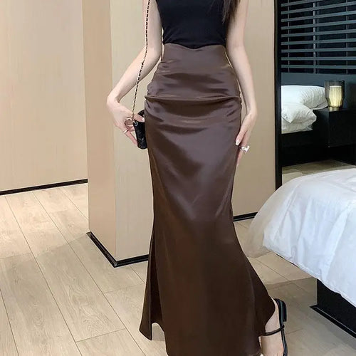 Load image into Gallery viewer, Black Office Pleated Fishtail Long Skirts Spring Summer Women 2024 Korean Version Brown High Waist Elegant Wrap Hip Skirt Ladies
