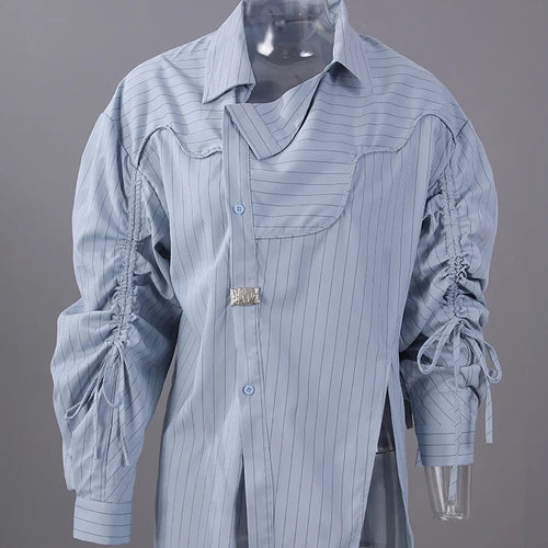 Load image into Gallery viewer, Women Blue Striped Drawstring Slit Big Size Blouse New Lapel Long Sleeve Shirt Fashion Tide Spring Autumn 2025 7AB8101
