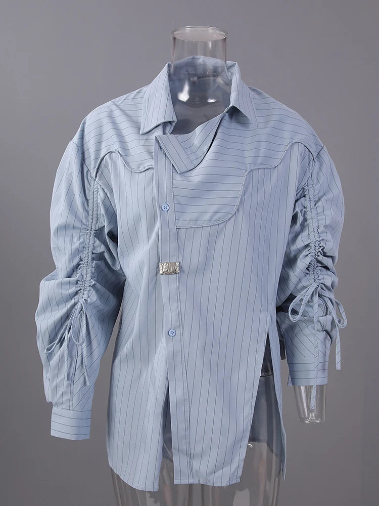 Women Blue Striped Drawstring Slit Big Size Blouse New Lapel Long Sleeve Shirt Fashion Tide Spring Autumn 2025 7AB8101